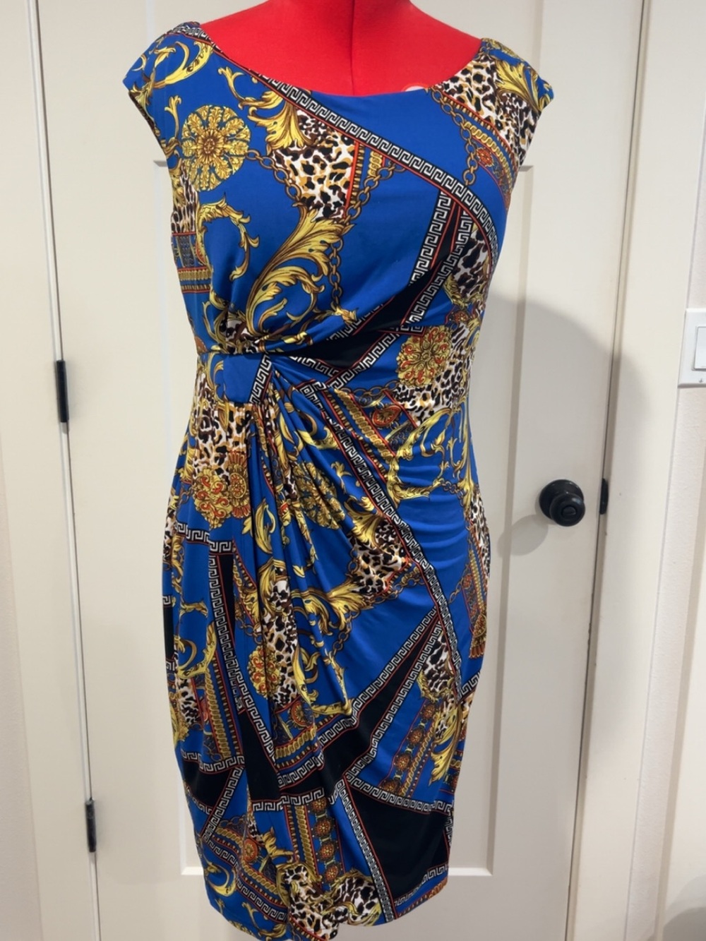 connected apparel Royal Blue and Gold Baroque Midi Dress